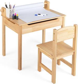 SlickBlue Toddler Multifunctional Activity Table and Chair Set with Paper Roll Holder-Natural