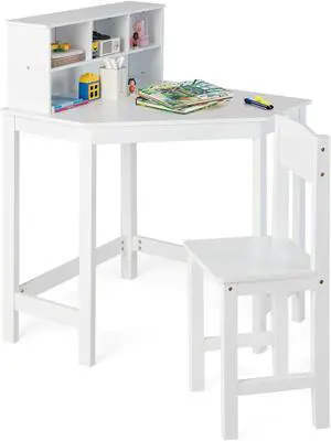 SlickBlue Kids Wooden Corner Desk and Chair Set with Hutch and Storage-White