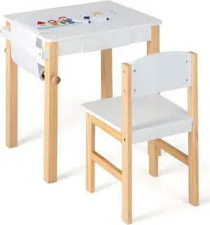 SlickBlue Kids Art Table and Chair Set with Drawer Paper Roll and 2 Markers-White