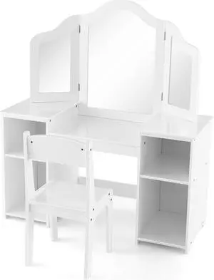SlickBlue Kids Vanity Table and Chair Set with Removable Tri-Folding Mirror-White