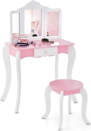 SlickBlue Kid's Wooden Vanity Table and Stool Set  with 3-Panel Acrylic Mirror-White