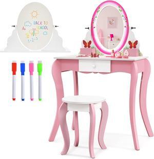 SlickBlue Kids Vanity Table and Stool Set with 360Â° Rotating Mirror and Whiteboard-Pink