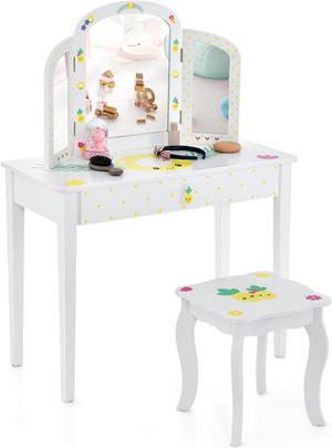 SlickBlue Kids Vanity Table Set with Tri-Folding Mirror and Large Drawer-White