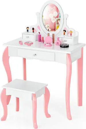 SlickBlue Kids Vanity Princess Makeup Dressing Table Stool Set with Mirror and Drawer