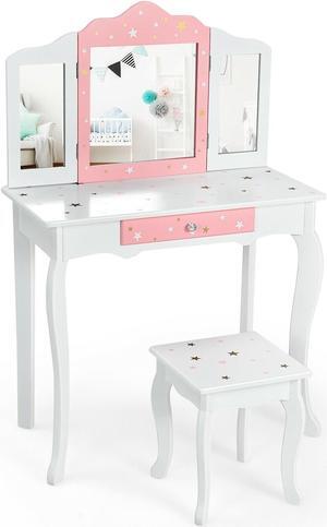 SlickBlue Kids Princess Vanity Table and Stool Set with Tri-folding Mirror and Drawer