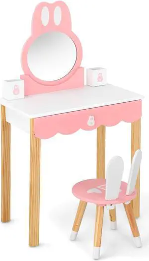 SlickBlue Kids Vanity Set Rabbit Makeup Dressing Table Chair Set with Mirror and Drawer