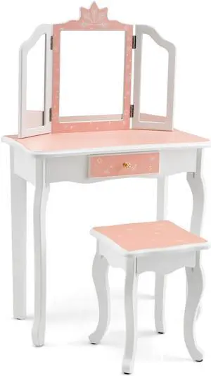 SlickBlue Princess Vanity Table and Chair Set with Tri-Folding Mirror and Snowflake Print