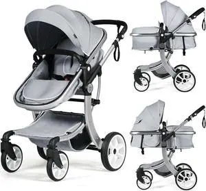 SlickBlue Folding Aluminum Infant Reversible Stroller with Diaper Bag-Gray
