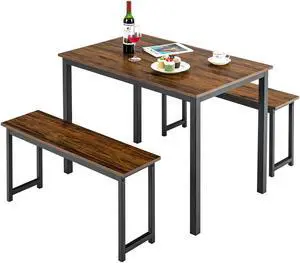 SlickBlue 3 Pieces Dining Table Set with 2 Benches for Dining Room Kitchen Bar