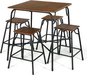 SlickBlue 5 Pieces Bar Table Set with 4 Counter Height Backless Stools-Rustic Brown