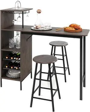 SlickBlue 3 Piece Bar Table and Chairs Set with 6-Bottle Wine Rack-Brown