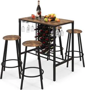 SlickBlue 5 Pieces Bar Table and Stools Set with Wine Rack and Glass Holder-Rustic Brown