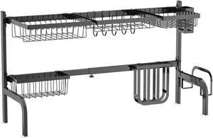 SlickBlue 2 Tier Adjustable Over Sink Dish Drying Rack with 8 Hooks