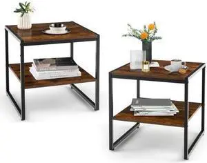SlickBlue 2 Pieces 2-Tier 20 Inch Square End Side Table for Living Room Bedroom-Rustic Brown