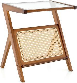 SlickBlue Boho End Table with Magazine Rack and Tempered Glass Top