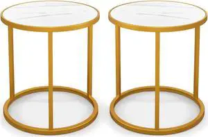 SlickBlue Marble Top Round Side Table 16-Inch End Table with Golden Metal Frame-2 Pieces