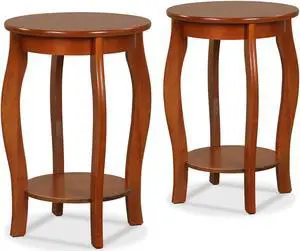 SlickBlue Set of 2 15 Inch 2-Tier Round End Table with Storage Shelf-Walnut