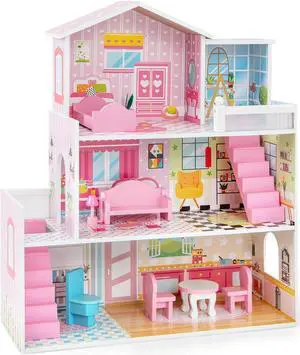SlickBlue Kids Wooden Dollhouse Play-set with 5 Simulated Rooms and 10 Pieces of Furniture