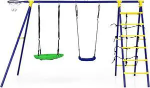 SlickBlue 5-In-1 Outdoor Kids Swing Set with A-Shaped Metal Frame and Ground Stake