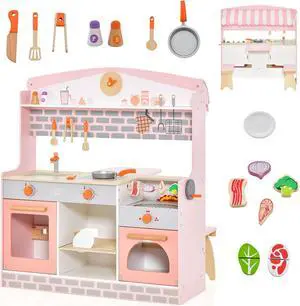 SlickBlue Double-Sided Kids Play Kitchen Set with Canopy and 2 Seats
