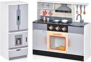 SlickBlue Wooden Chef Play Kitchen and Refrigerator with Realistic Range Hood and Roaster