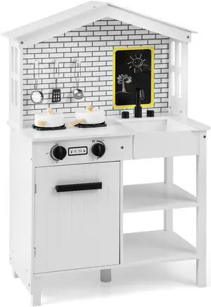 SlickBlue Kids Wooden Kitchen Play Set with Storage Shelves and Accessories-White
