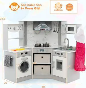 SlickBlue Wooden Kids Play Kitchen Playset with Realistic Lights and Sounds-Gray