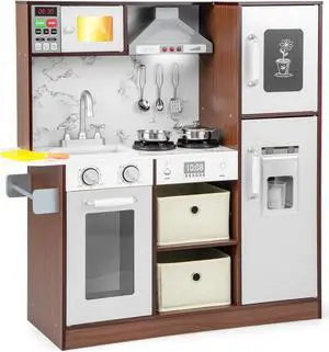 SlickBlue Kids Modern Toy Kitchen Playset with Attractive Lights and Sounds-Coffee
