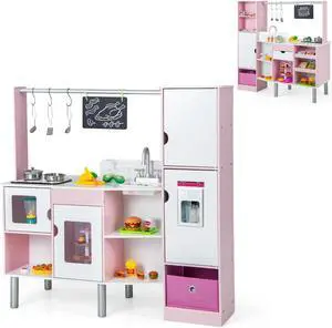 SlickBlue 2-in-1 Double-sided Kids Kitchen and Market with Realistic Light and Sound-Pink