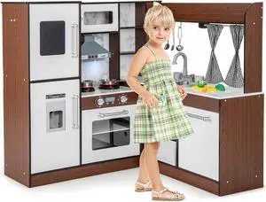 SlickBlue Wooden Corner Play Kitchen with Water Circulation System and Lights-Brown