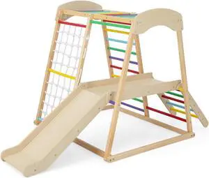 SlickBlue 6-in-1 Indoor Jungle Gym Kids Wooden Playground with Monkey Bars