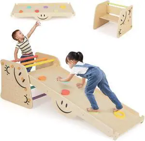 SlickBlue Wooden Climbing Toy Triangle Climber Set with Seesaw-Multicolor