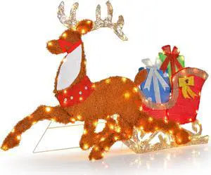 SlickBlue Lighted 2D Christmas Reindeer and Sleigh Decoration for Lawn Front Door Home