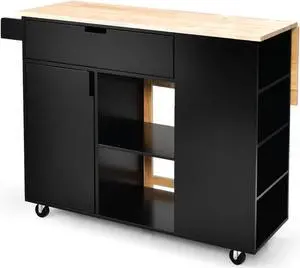 SlickBlue Drop-Leaf Kitchen Island with Rubber Wood Top
