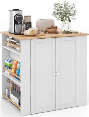 SlickBlue Modern Kitchen Island with Rubber Wood Countertop and Storage-White