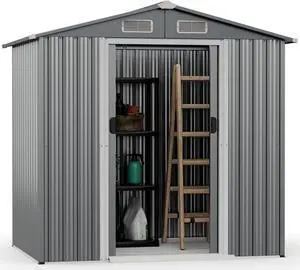 SlickBlue 6 x 4 Feet Galvanized Steel Storage Shed with Lockable Sliding Doors-Gray