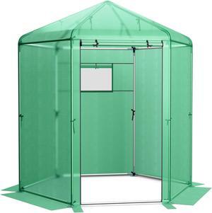 SlickBlue Walk-In Hexagonal Greenhouse with PE Cover and Metal Frame