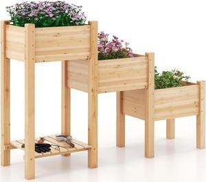 SlickBlue 3-Tier Wooden Raised Garden Bed with Open Storage Shelf-Natural