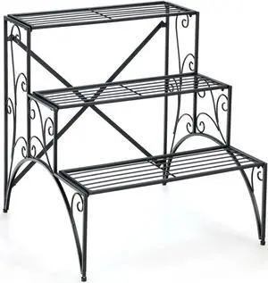 SlickBlue 3-Tier Metal Plant Stand with Widened Grid Shelf for Porch Garden-Black