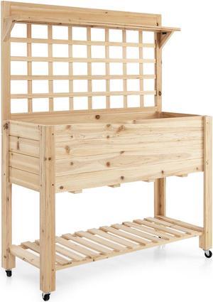 SlickBlue Wooden Raised Garden Bed with Wheels Trellis and Storage Shelf