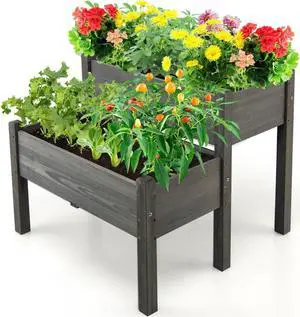 SlickBlue 2 Tier Wooden Elevated Planter Box with Legs and Drain Holes for Balcony and Yard