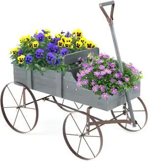 SlickBlue Wooden Wagon Plant Bed with Metal Wheels for Garden Yard Patio