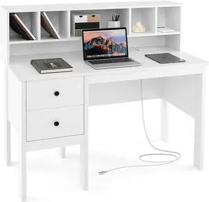 SlickBlue 48 Inch Computer Desk with Drawers Power Outlets and 5-Cubby Hutch