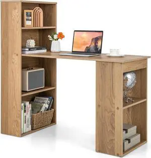 SlickBlue 48 Inch Computer Desk with 4-Tier Bookcase and CPU Stand-Natural