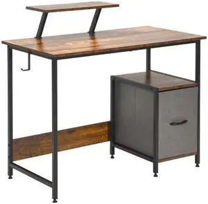 SlickBlue Computer Desk with Reversible Storage Drawer and Moveable Shelf-Brown