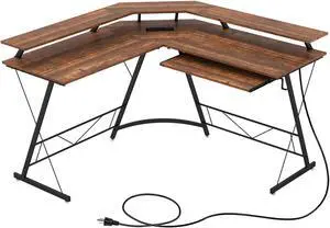 SlickBlue L-shaped Computer Desk with Power Outlet and Monitor Stand