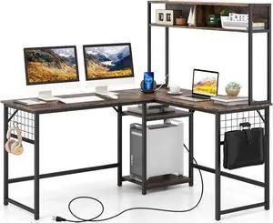 SlickBlue L-shaped Desk with Power Outlet Hutch