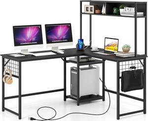 SlickBlue L-shaped Desk with Power Outlet Hutch
