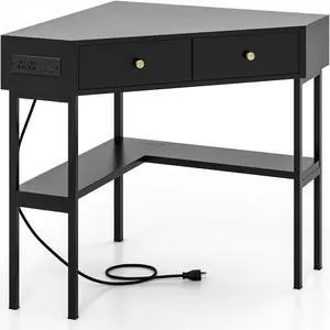 SlickBlue Space Saving Corner Computer Desk with 2 Large Drawers and Storage Shelf