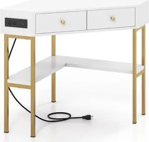 SlickBlue Space Saving Corner Computer Desk with 2 Large Drawers and Storage Shelf